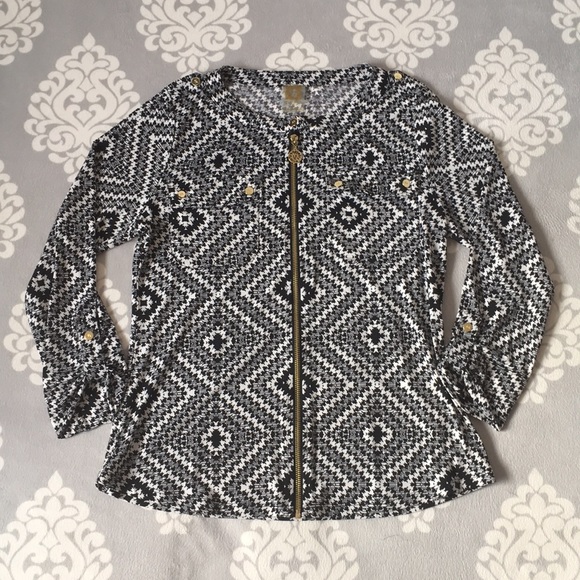 Anne Klein - Black & White Geometric Zip Up Blouse - Picture 1 of 8